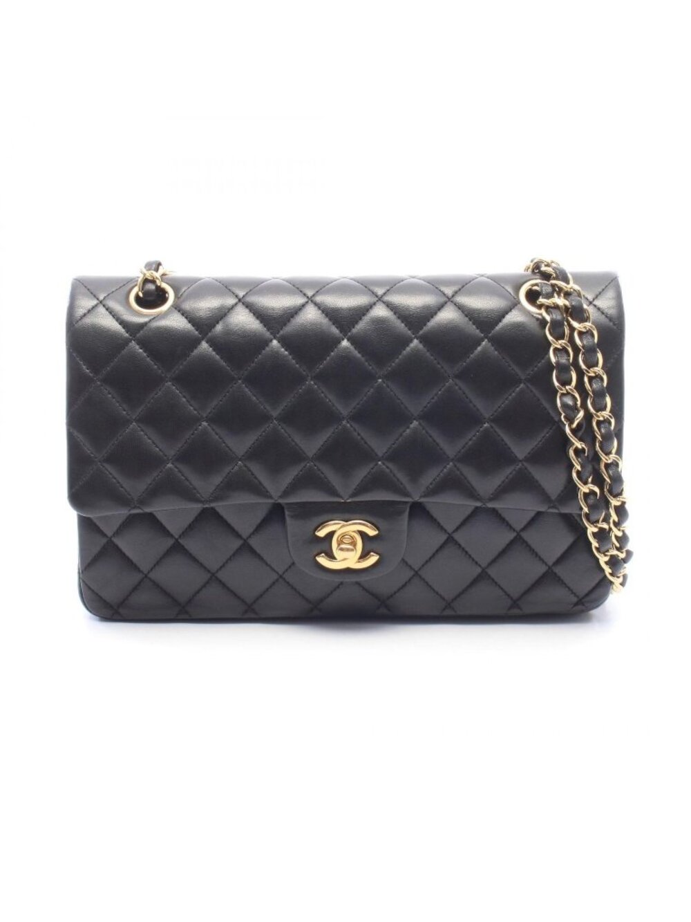 Chanel Shoulder Bag Quilted Double Flap Black Lambskin Chain